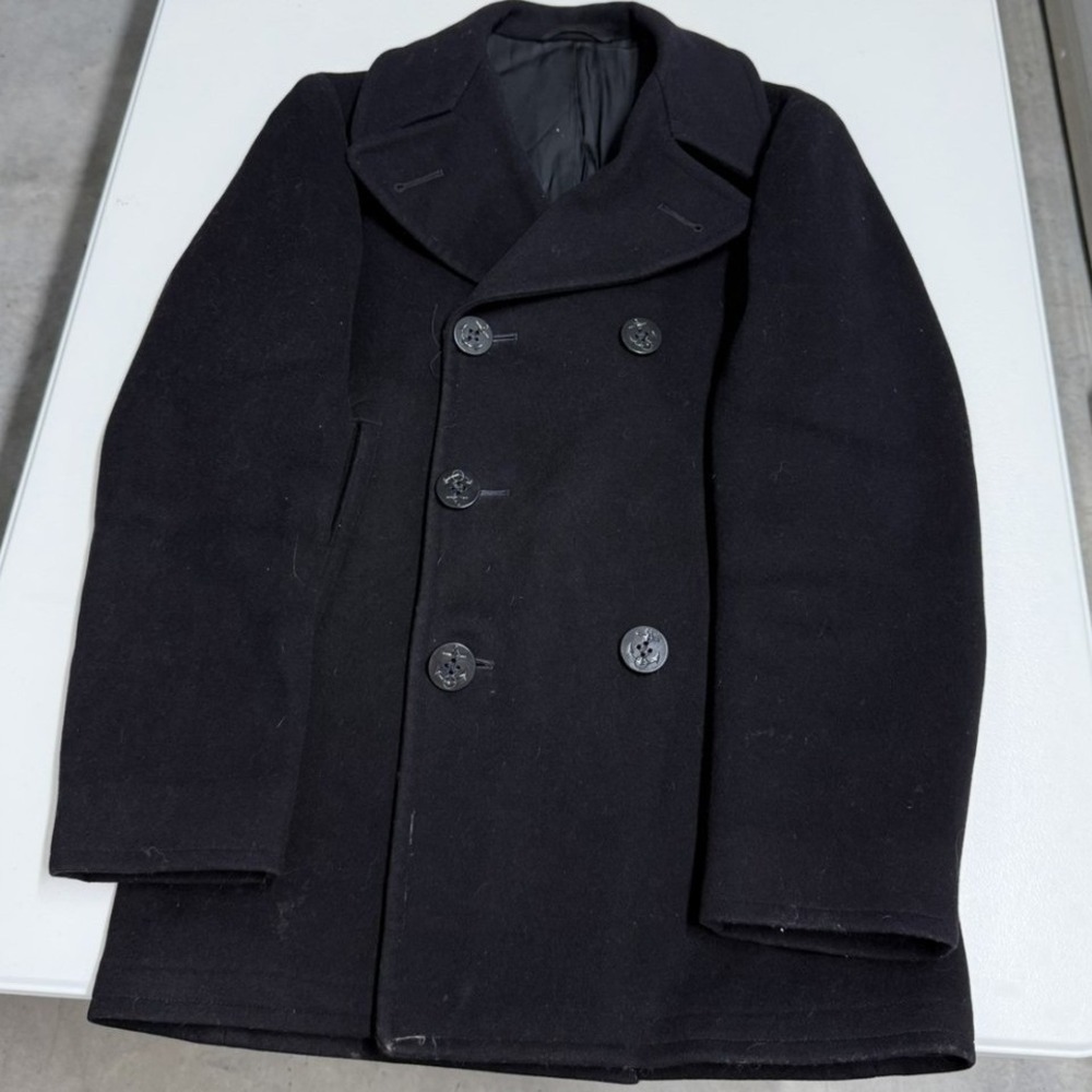 Vintage US Navy Wool Pea Coat Navy Blue Double Breasted Anchor Buttons Military